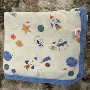 Magnetic Me White Baby Blanket with Blue Trim and Space Print